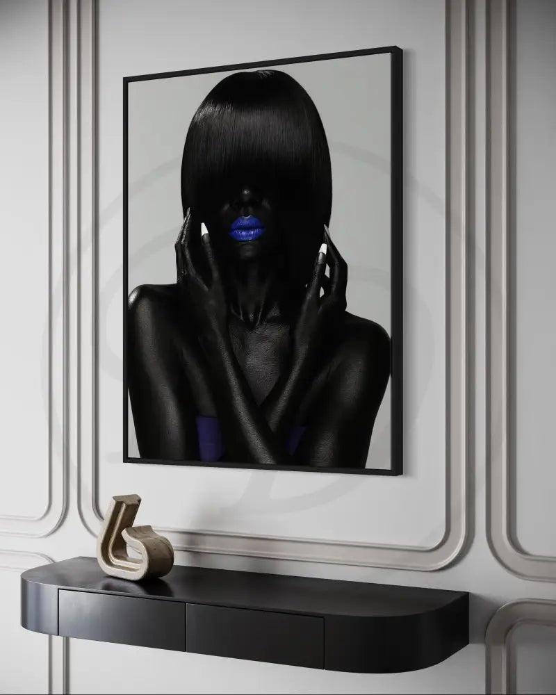 High-fashion portrait with glossy skin and blue lipstick