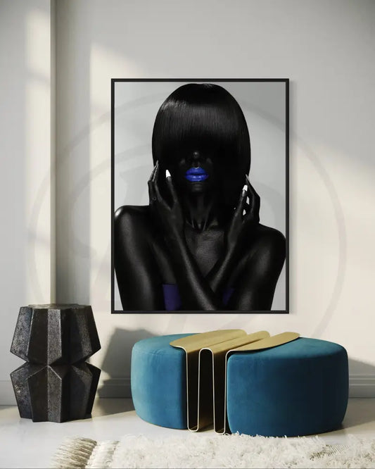 
Black woman with cobalt blue lips and sleek hair