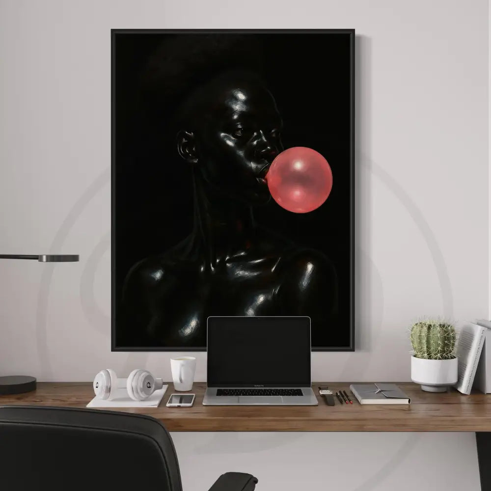 Bold artwork of Black woman with pink bubblegum bubble

