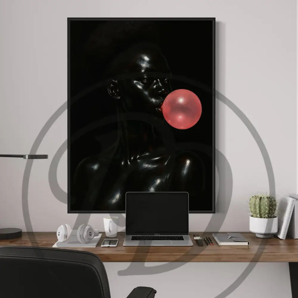 Bold artwork of Black woman with pink bubblegum bubble

