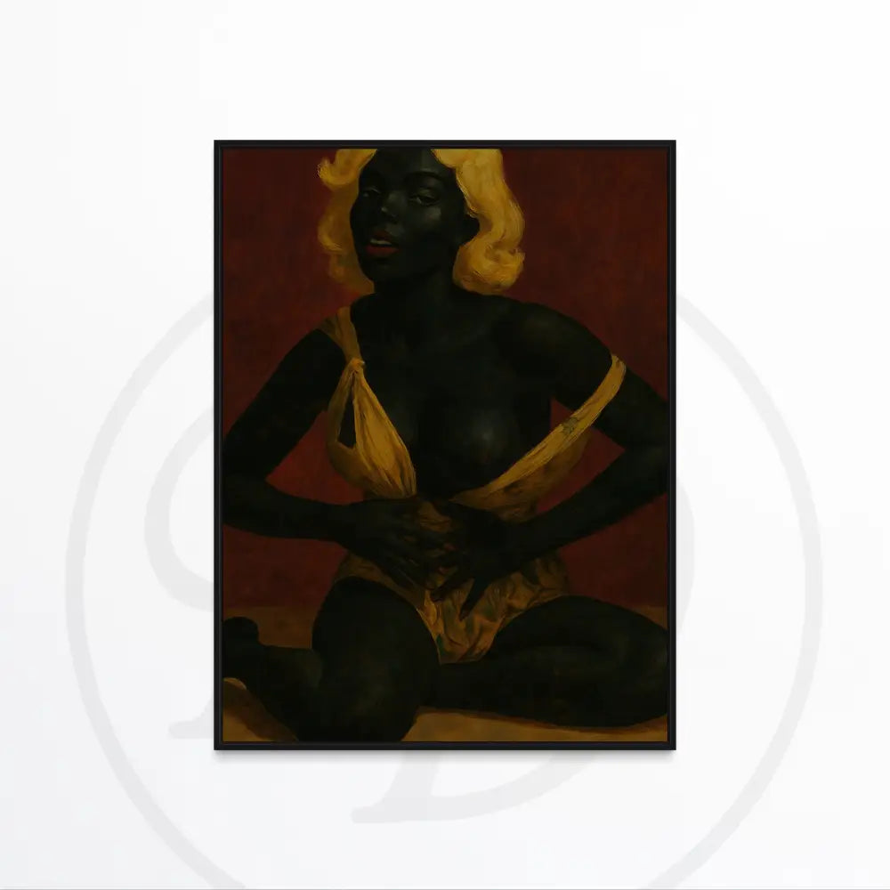 Bold digital artwork of Black woman in gold outfit against red.