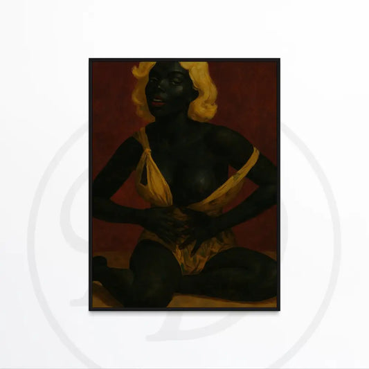 Bold digital artwork of Black woman in gold outfit against red.