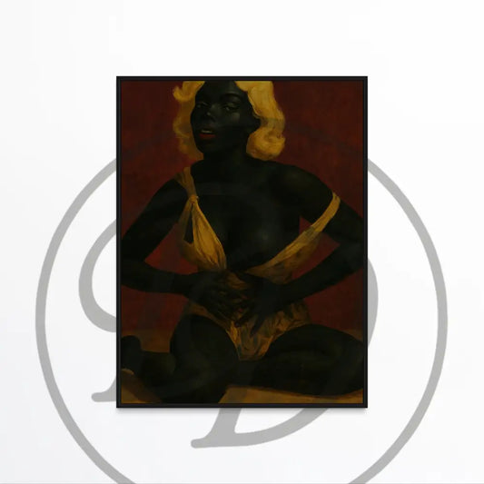 Bold digital artwork of Black woman in gold outfit against red.