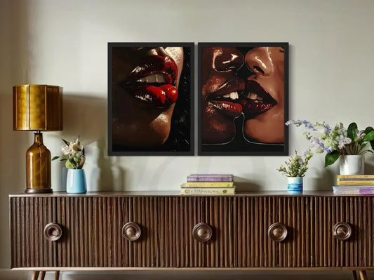Afrocentric digital wall art 2-piece set featuring glossy red lips and an intimate kiss. Printable art for modern and bold home décor.