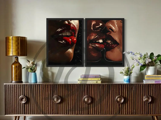 Afrocentric digital wall art 2-piece set featuring glossy red lips and an intimate kiss. Printable art for modern and bold home décor.