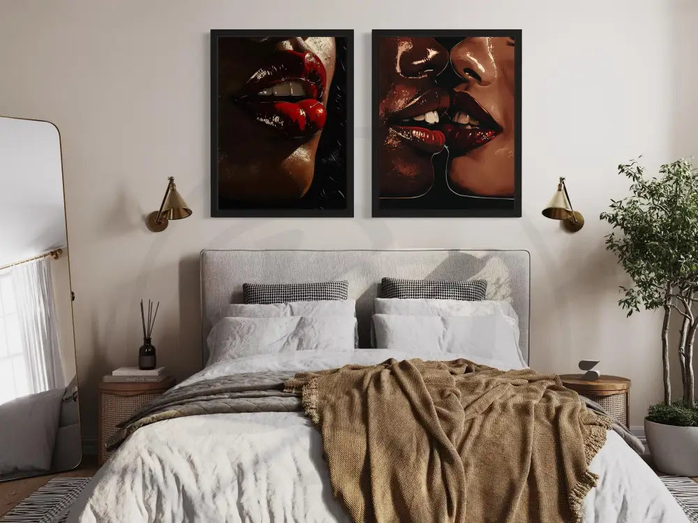 Printable Afrocentric art set of sensual lips and a close-up kiss.