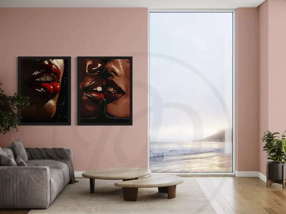 Modern African American artwork of bold red lips and connection.
