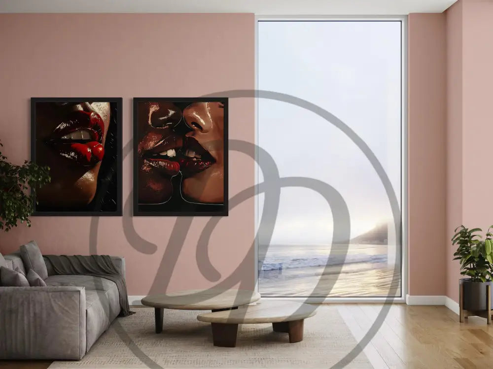 Modern African American artwork of bold red lips and connection.