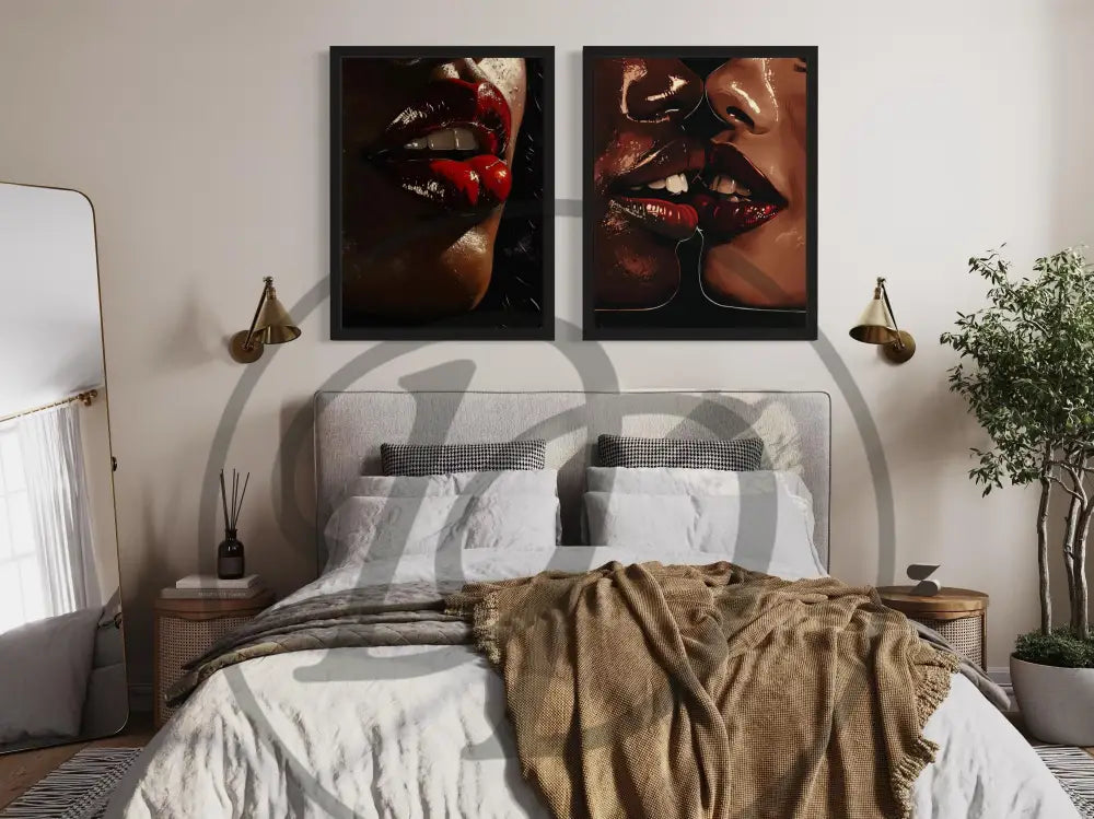 Printable Afrocentric art set of sensual lips and a close-up kiss.