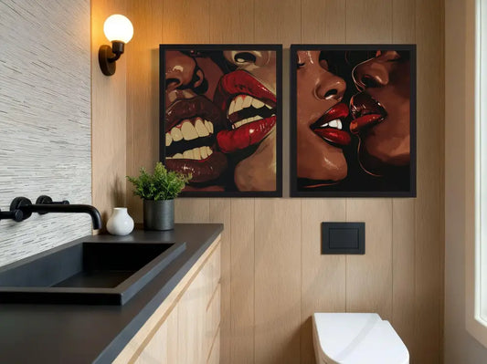 2-piece kiss wall art set featuring close-up lips and sensual portraits. Digital download for modern luxury décor.