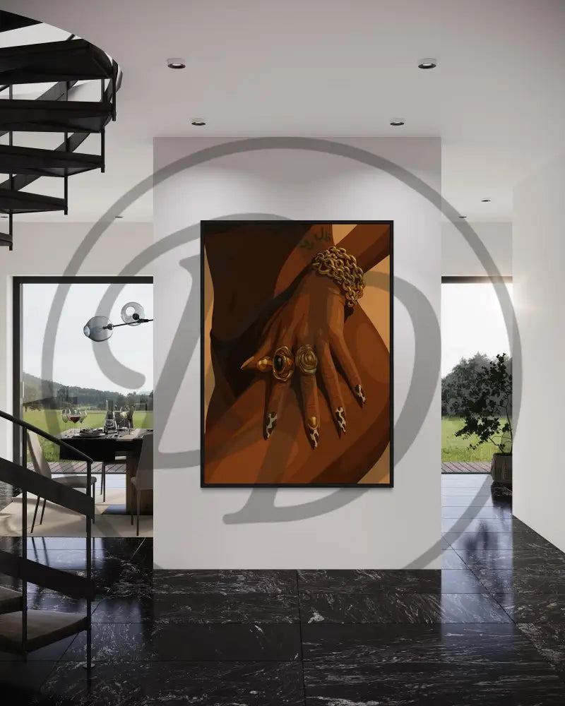 Edgy wall art collection with gold grills and rings for trendy interiors.