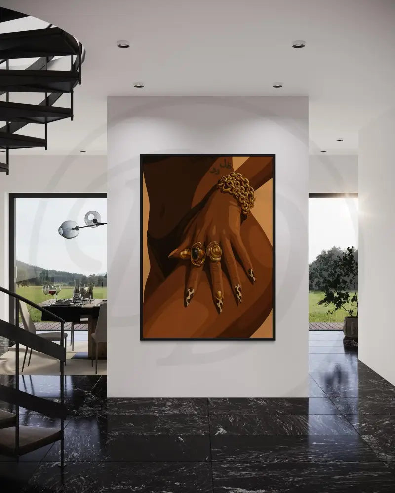 Edgy wall art collection with gold grills and rings for trendy interiors.