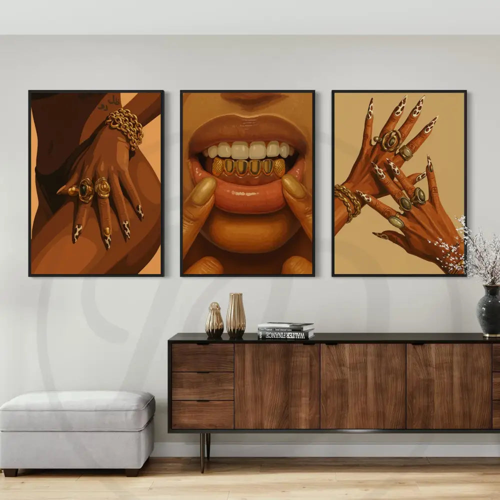 Bold Luxe 3-piece wall art set with gold grills, jewelry, and luxury street-style for modern home décor. Digital download printable bundle.