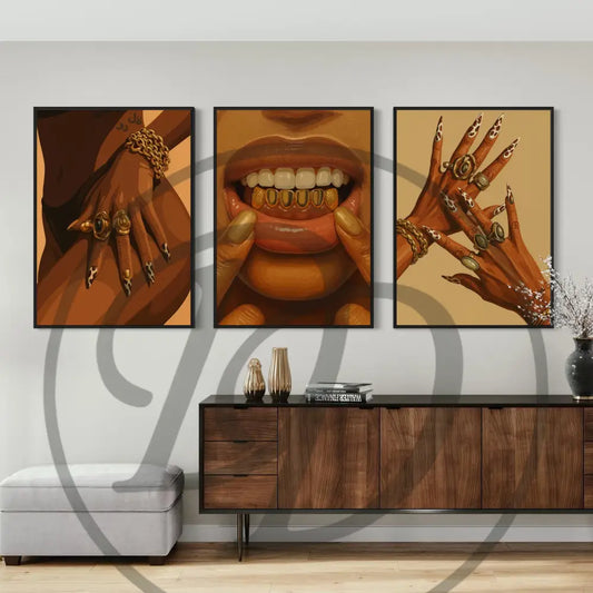 Bold Luxe 3-piece wall art set with gold grills, jewelry, and luxury street-style for modern home décor. Digital download printable bundle.