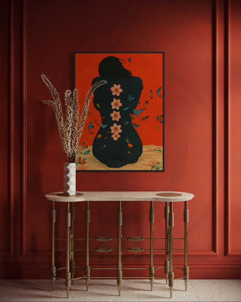 Artistic nude with symbolic blossoms on her back