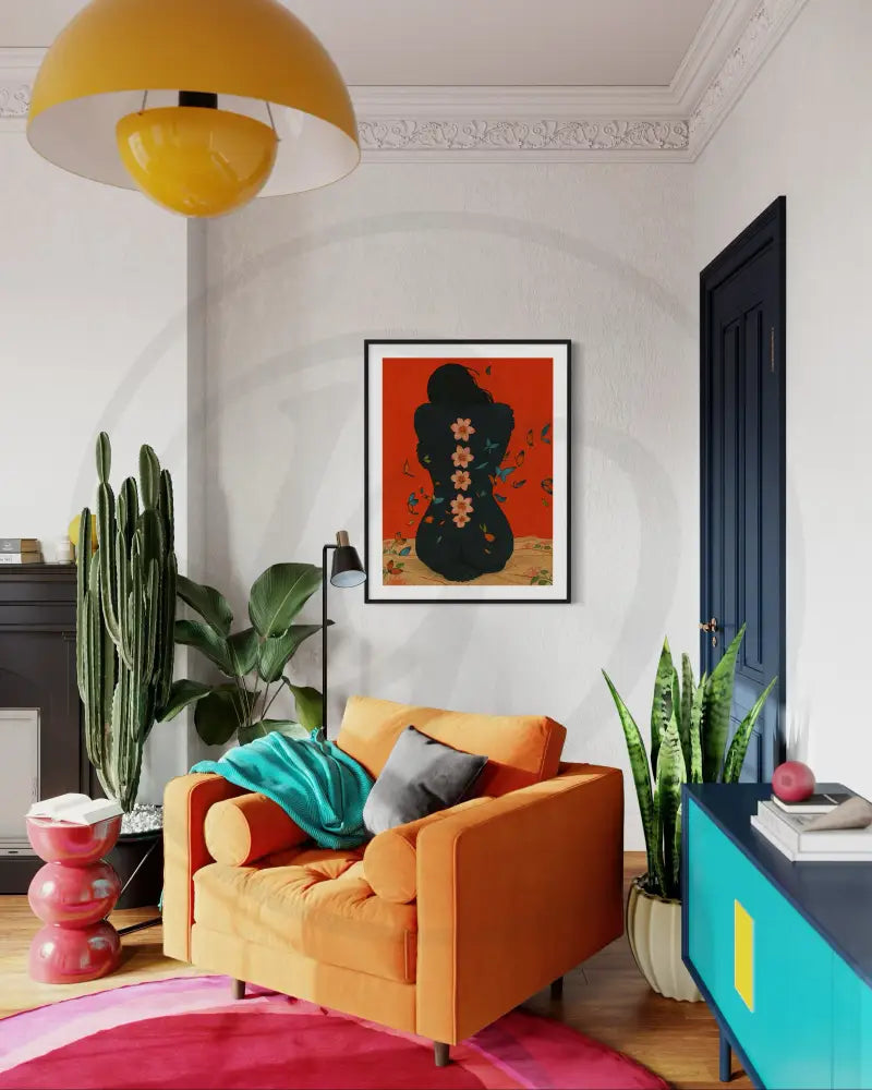 Feminine artwork of Black woman embracing herself