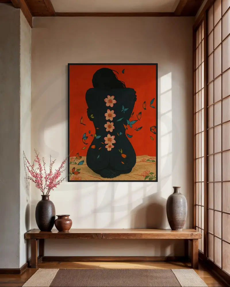 Bold floral Afro art with butterflies and falling petals