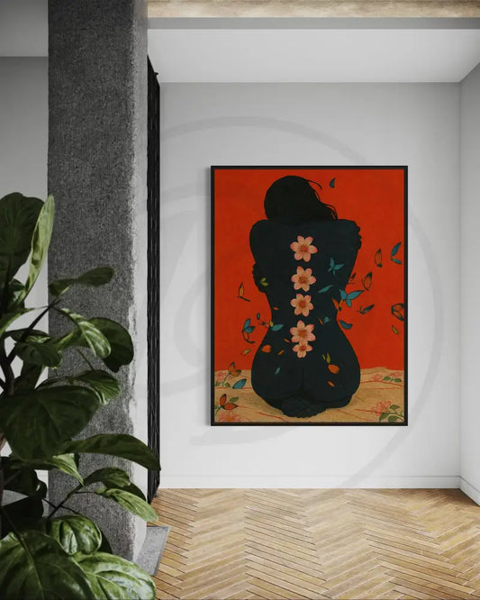 Floral nude art of Black woman with cherry blossom spine