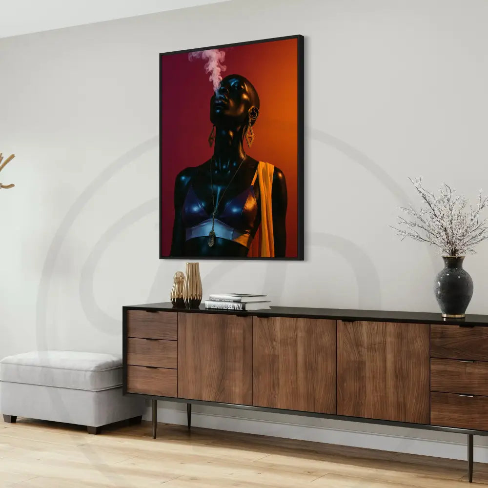 Modern wall decor with dramatic lighting and smoke