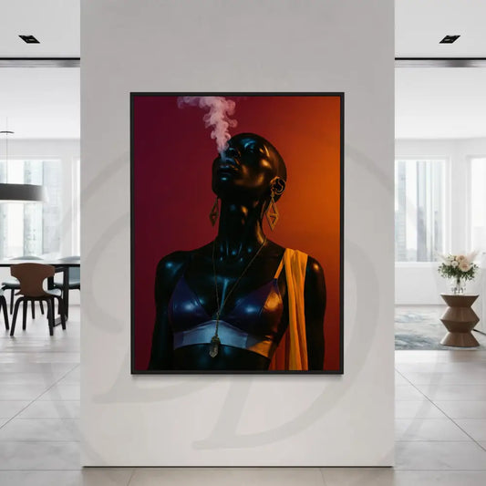 Black woman exhaling smoke with magenta and orange background