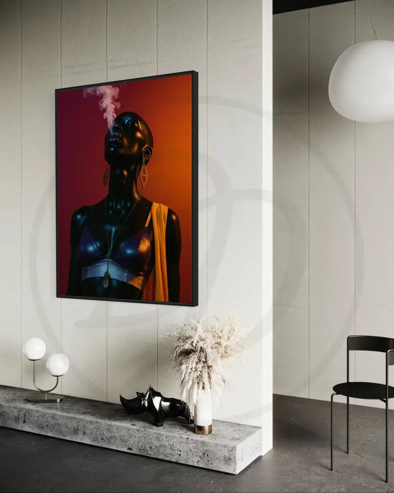 Geometric earrings and smoke effect wall art