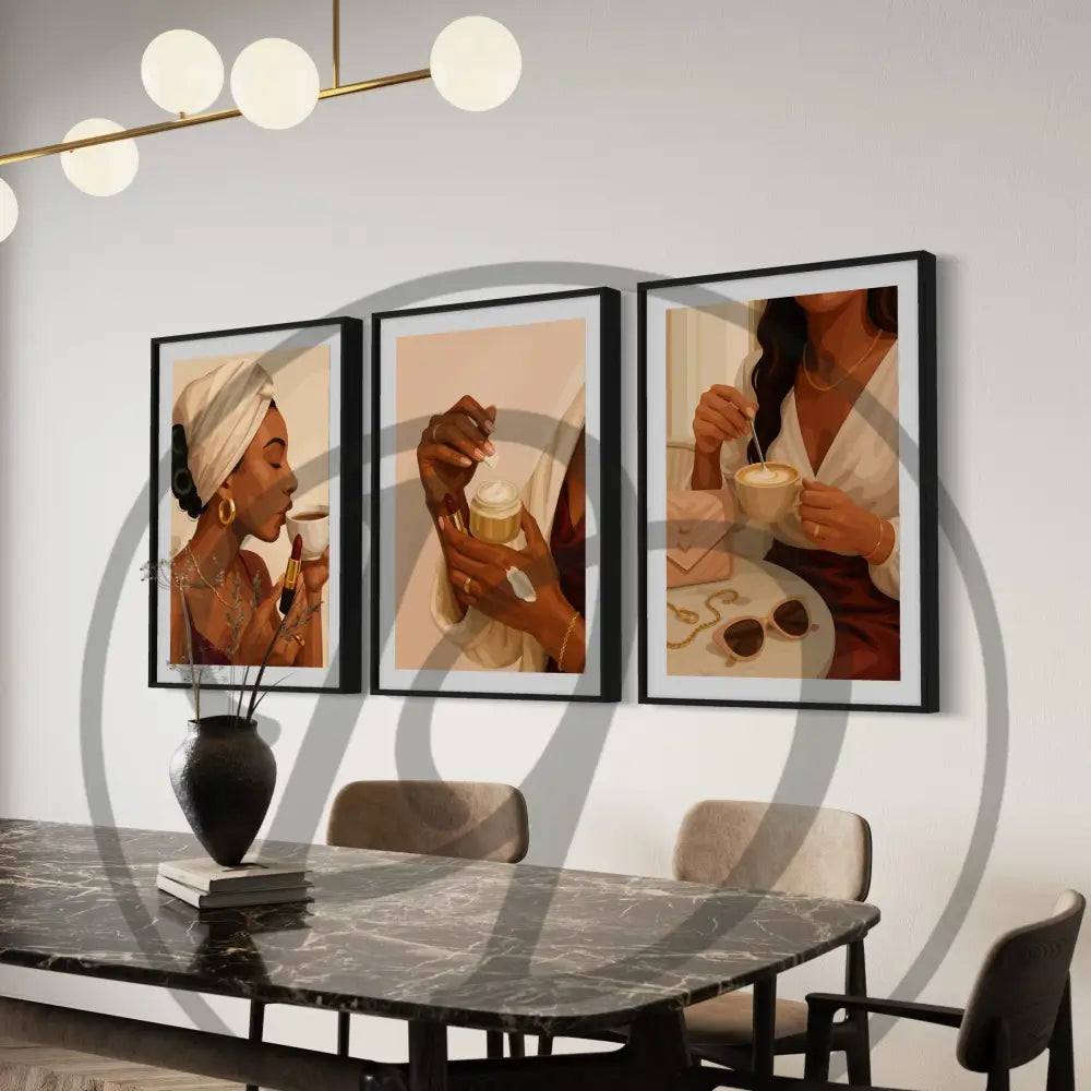 Three-piece digital art of elegant Black women with coffee and beauty products