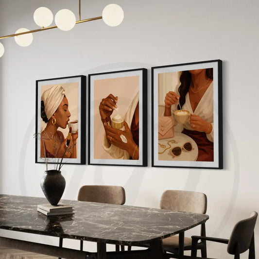 Three-piece digital art of elegant Black women with coffee and beauty products