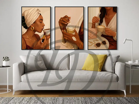 Afrocentric wall art set of Black women enjoying coffee and self-care rituals