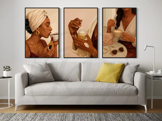 Afrocentric wall art set of Black women enjoying coffee and self-care rituals