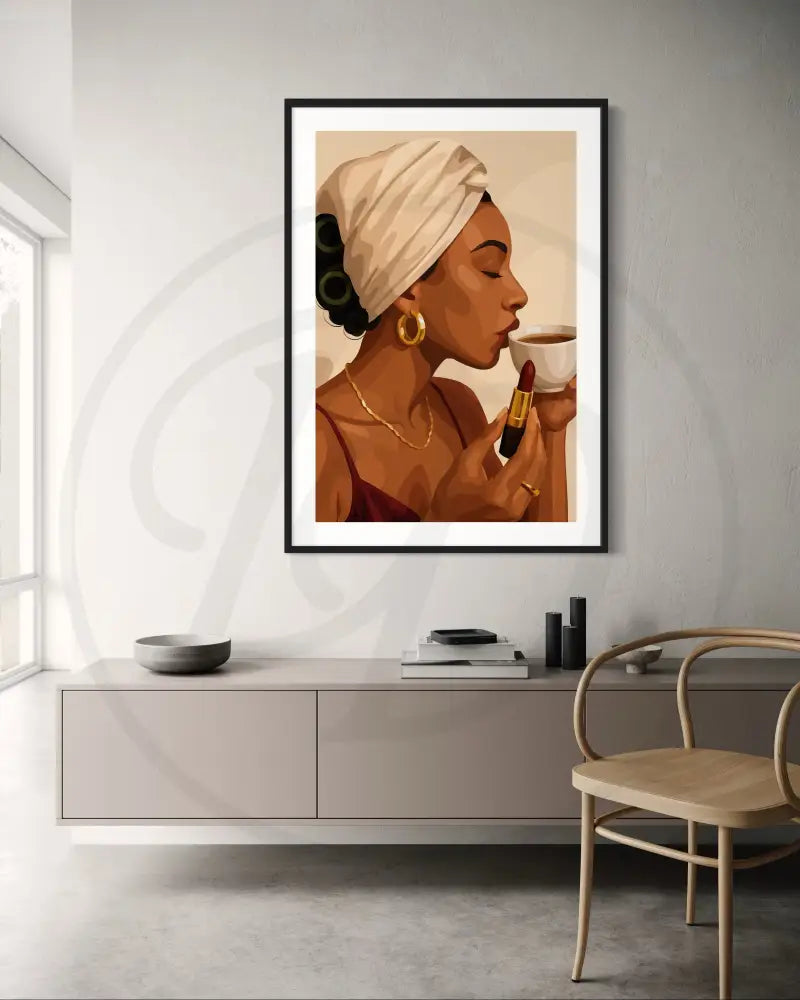 Modern Afrocentric artwork set with coffee, lipstick, and gold jewelry details

