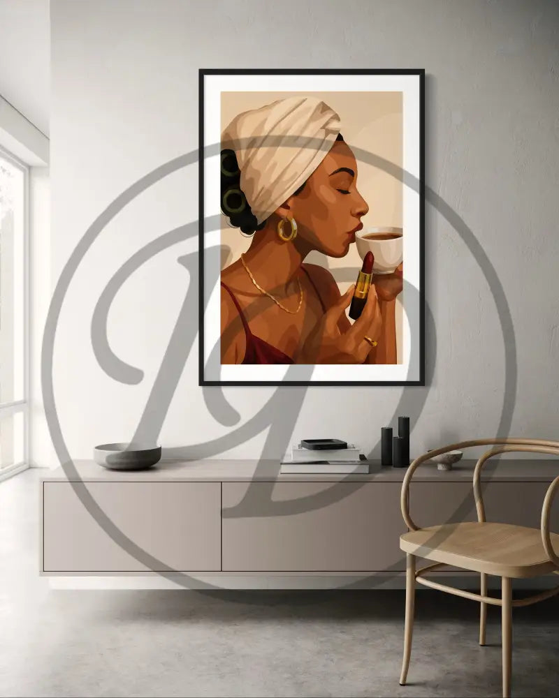 Modern Afrocentric artwork set with coffee, lipstick, and gold jewelry details

