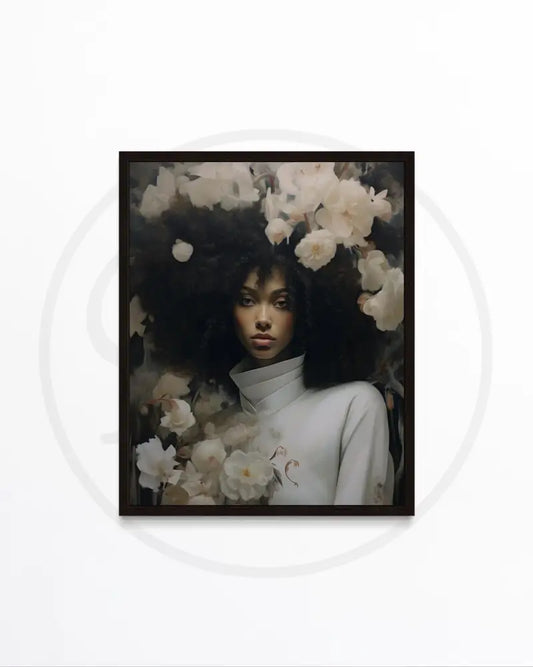 Afrocentric floral portrait wall art with Black woman and blossoms.