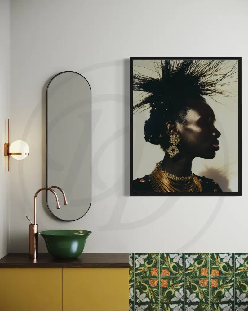 Regal African-inspired digital art with gold accessories

