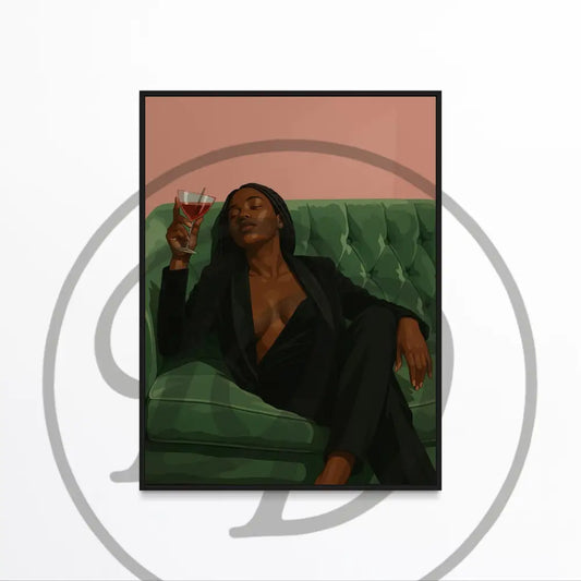 Afrocentric wall art of elegant Black woman with wine