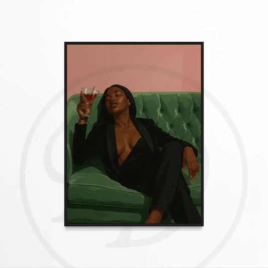 Afrocentric wall art of elegant Black woman with wine