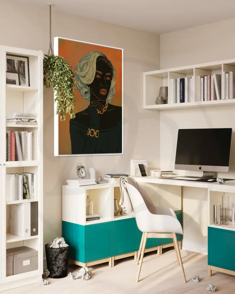 Modern wall art of stylish Black woman on burnt orange background