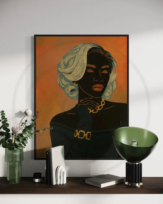 Elegant portrait of Black woman with blonde hair and gold jewelry