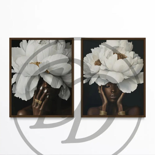 Elegant 2-piece wall art set featuring Black women with large white florals. Digital download for luxury modern décor.