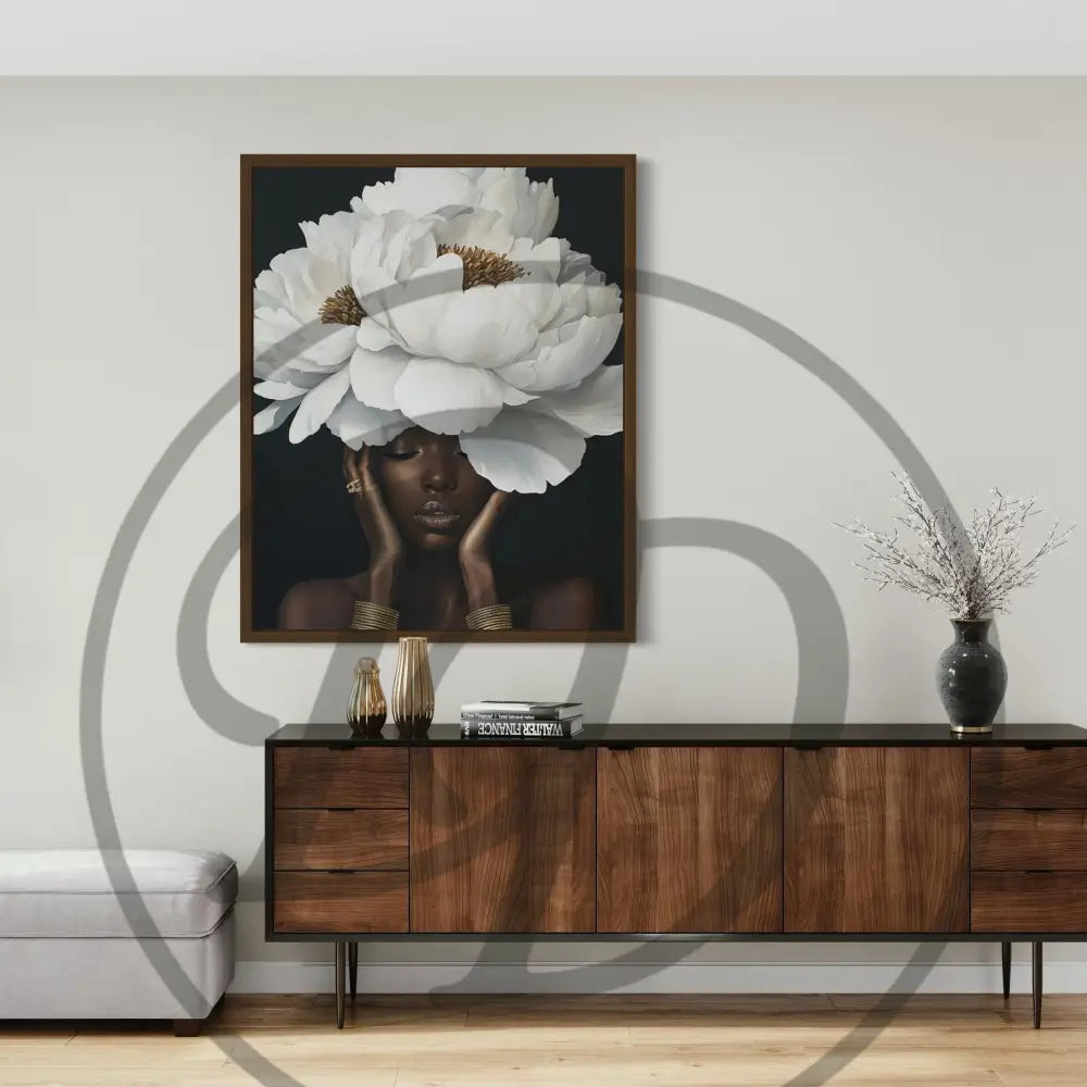 Sophisticated digital wall décor featuring white florals and jewelry.