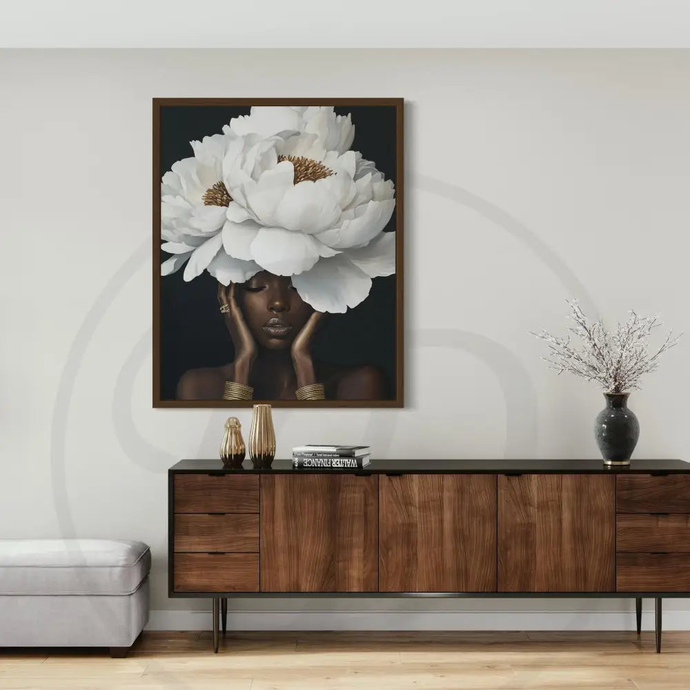 Sophisticated digital wall décor featuring white florals and jewelry.