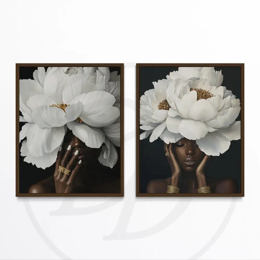 Elegant 2-piece wall art set featuring Black women with large white florals. Digital download for luxury modern décor.