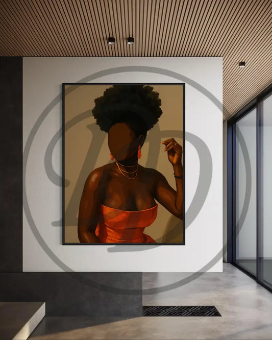 Faceless Afrocentric woman in an orange dress