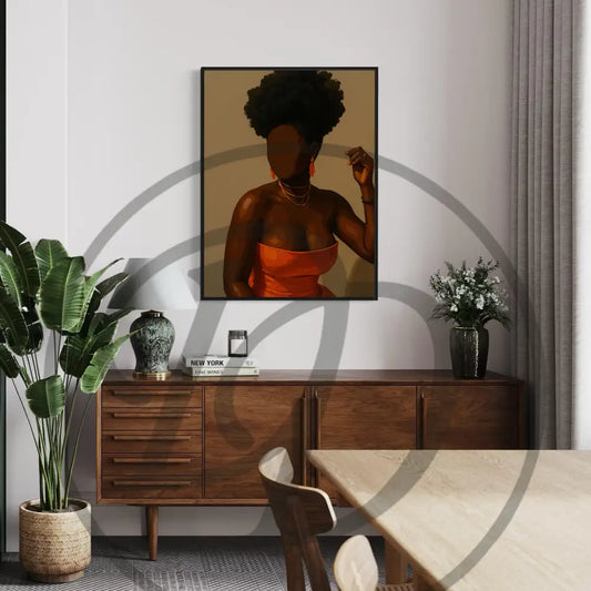 Minimalist art of a Black woman in bright orange