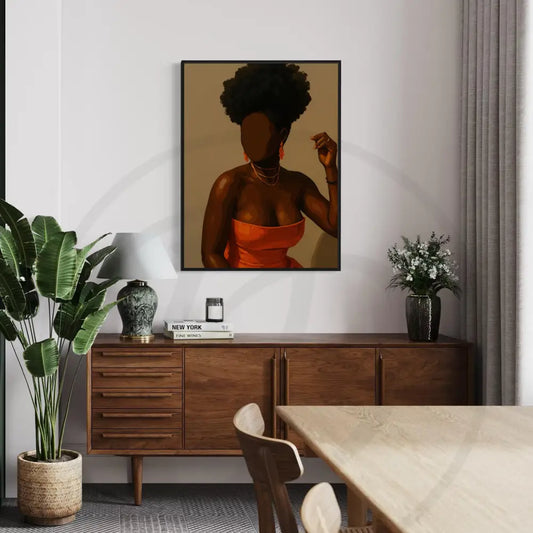 Minimalist art of a Black woman in bright orange