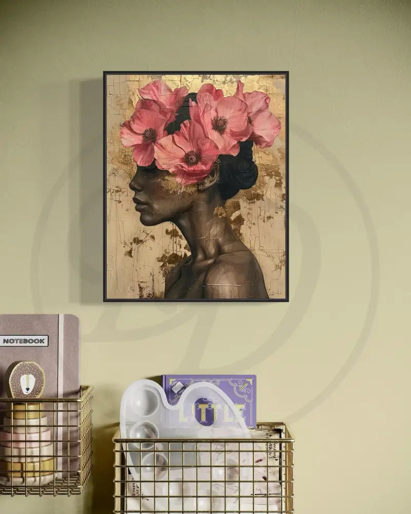Black woman wall art with floral crown and golden textured background.