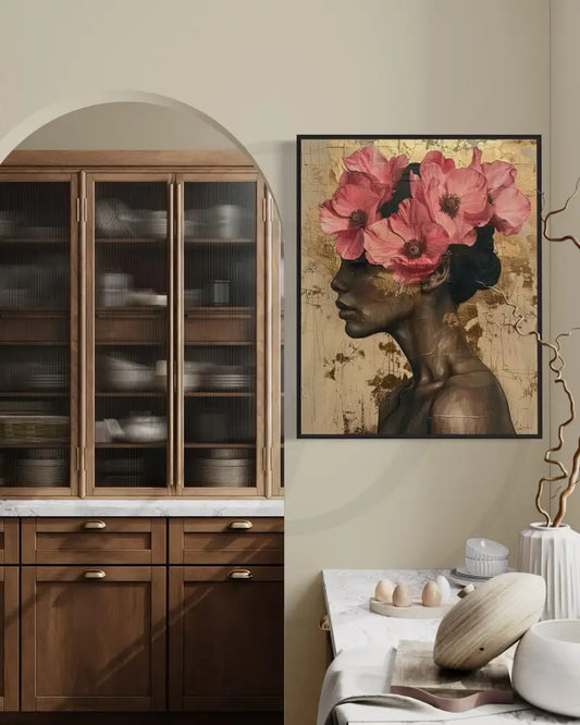 Afrocentric floral wall art of Black woman in profile with red flowers.