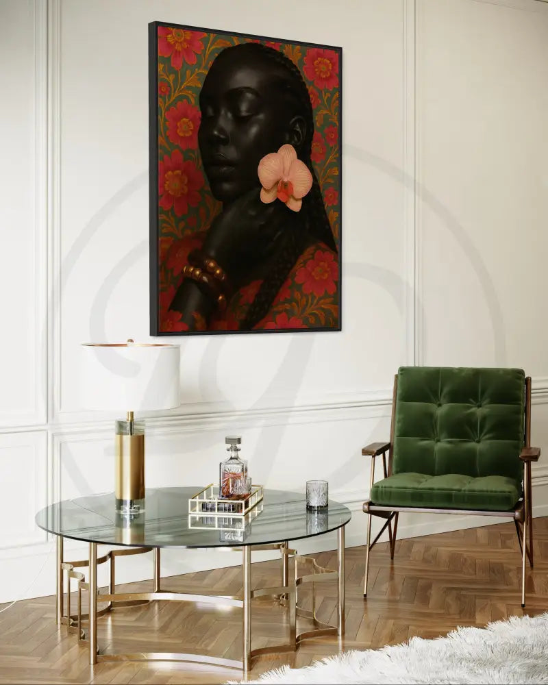 Floral Black Woman Portrait Print | Orchid Earrings & Braids Art