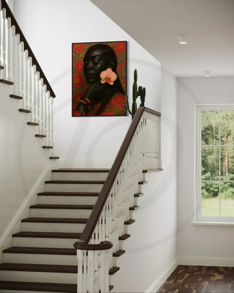 Floral Black Woman Portrait Print | Orchid Earrings & Braids Art