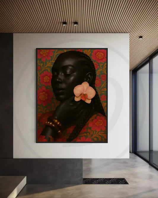 Floral Black Woman Portrait Print | Orchid Earrings & Braids Art