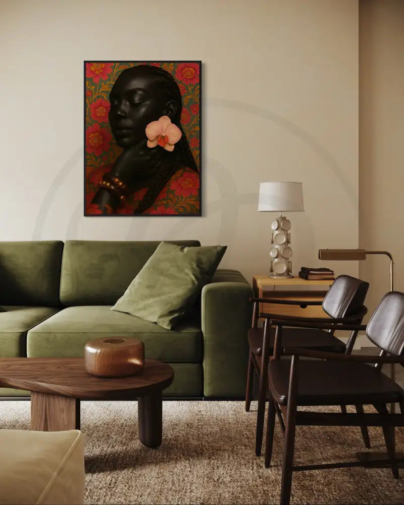 Floral Black Woman Portrait Print | Orchid Earrings & Braids Art